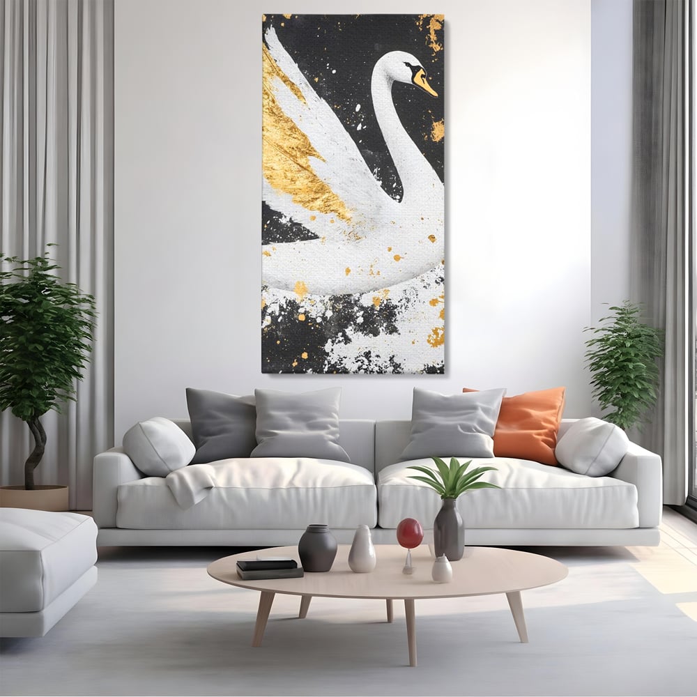 Tablou canvas cu tablou canvas cu lebada si auriu, fara rama, pe sasiu de lemn, pe perete intr-un living